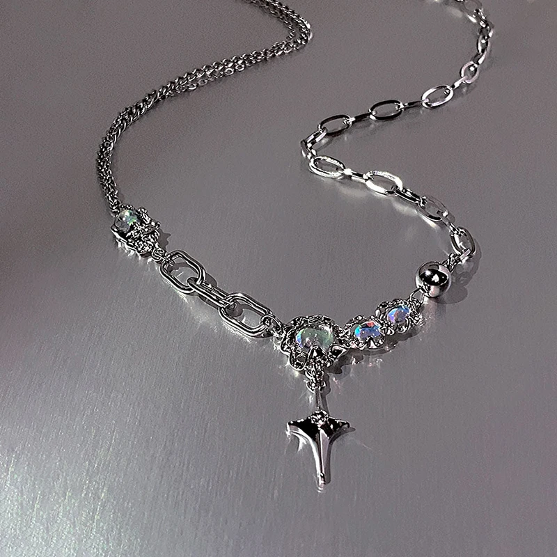 アクセサリー yoster silver necklace JWER Trendy Bling Moonstone Star Cross Pendant Necklace for Women