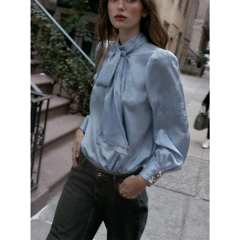 شتاء جديد المرأة عالية الياقة طويلة Sve المطرزة الحرير عقدة من الساتان مزين irt سليم صالح تخفيف Sle التنفس... #3