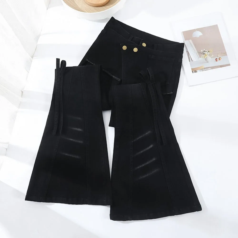 Women's Black Denim Flared Jeans High Waist Double Brass Buttons Drawstring Pants Autumn Winter Daily Wear Fashion Street Style