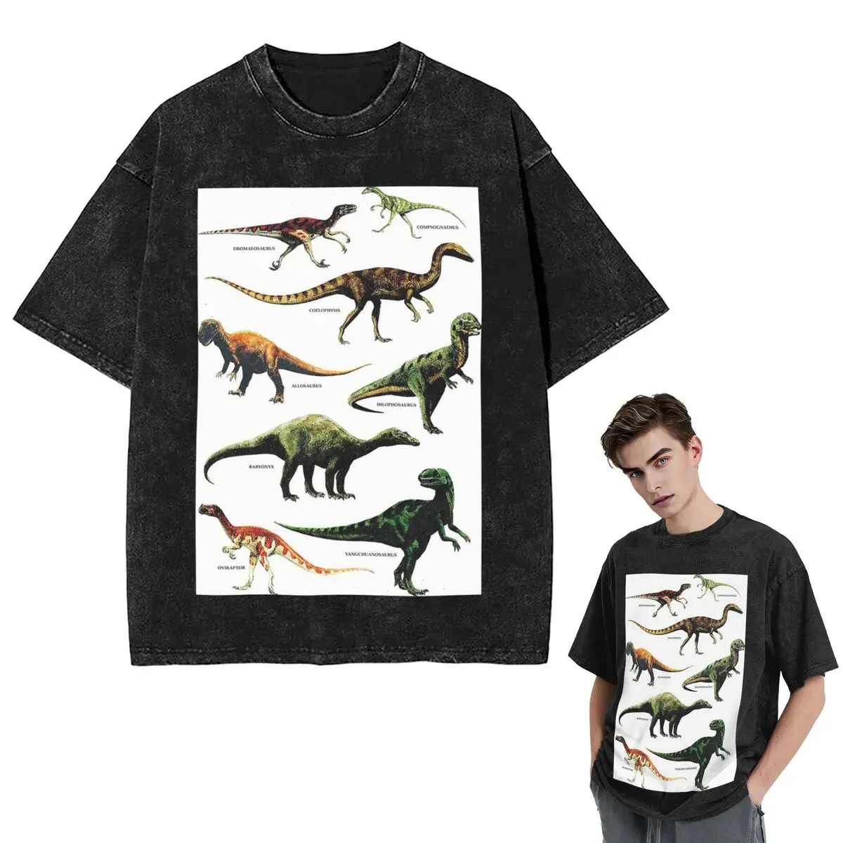 

Streetwear T-Shirts DINOSAUR SPECIES VINTAGE RETRO 80s DINO DINOSAURS Washed T Shirt Short Sleeve T-Shirt Tops Tees Men Women