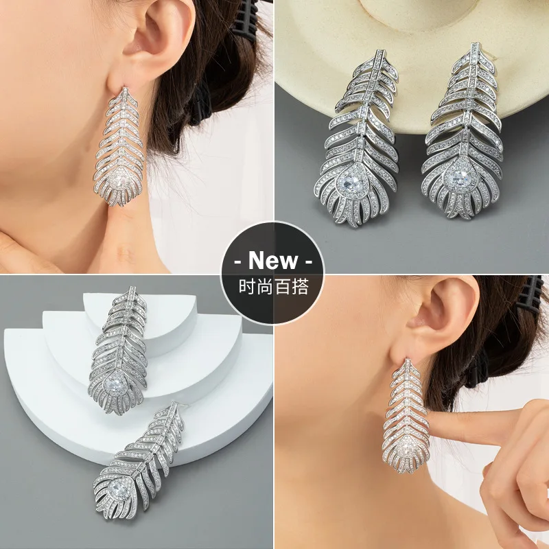 

New Luxury Feather Style Eardrop Earrings, Platinum Plating on Copper with 925 Sterling Silver Stud, For Women's Jewelry