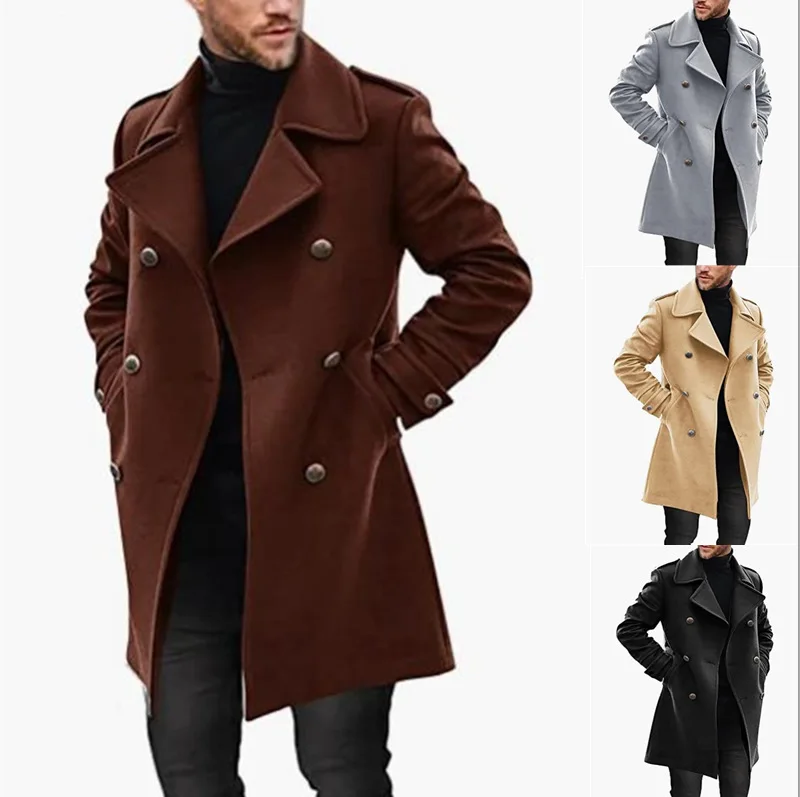 

Men's Wool Coat Warm Thickened Autumn Winter Men's Jacket Solid Color Long Sleeve Button