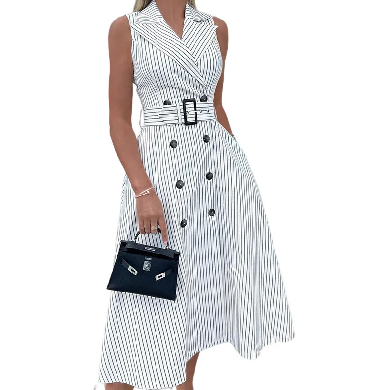 BAMBOOBOY Autumn Women Vertical Stripe Printed Polo Turn-down Collar Dress with Belt High Waist Sleeveless Button Dresses