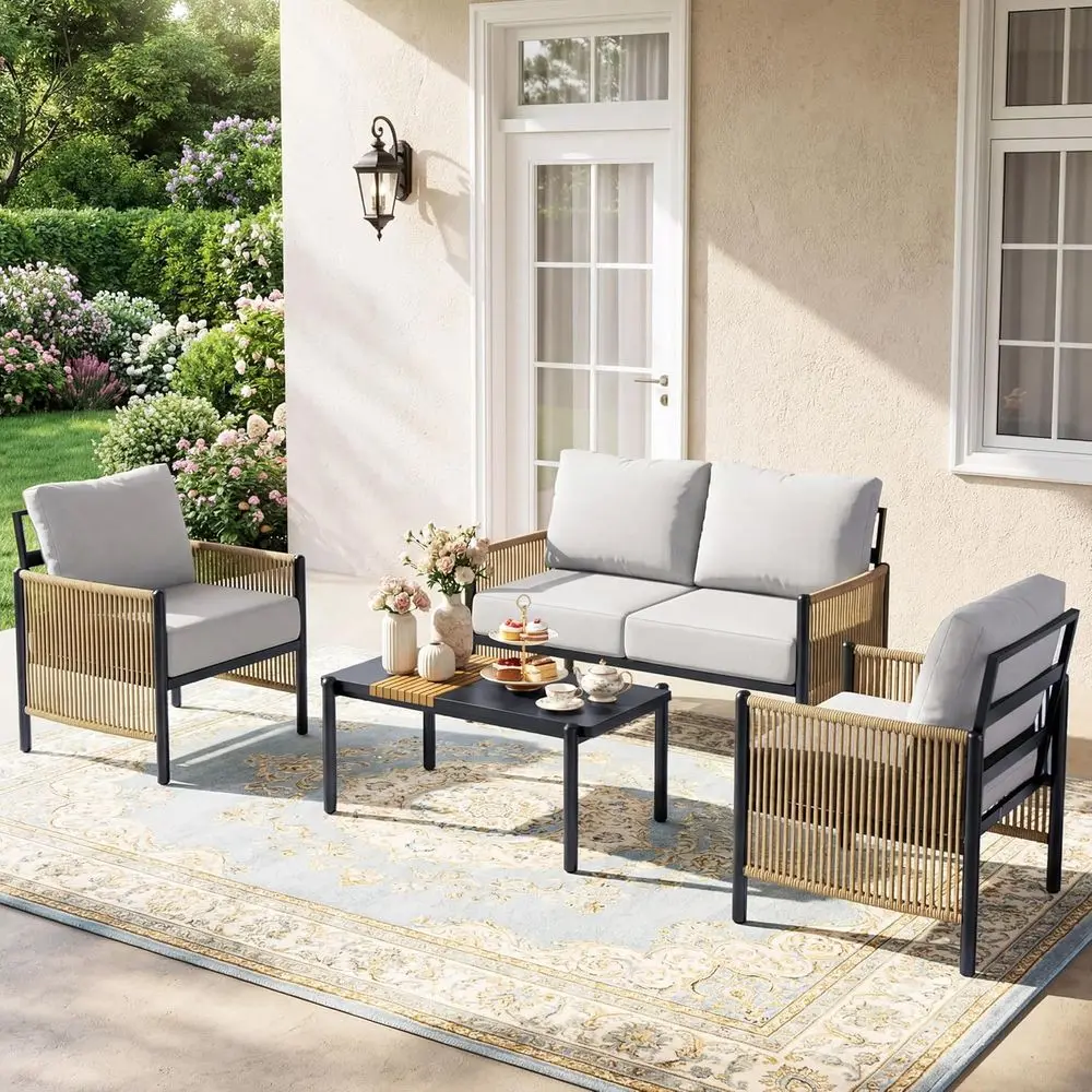 

Комплект уличной мебели для патио, 4-местный секционный диван с кофейным столиком, наборы для патио с моющимися толстыми подушками и водонепроницаемой обивкой.