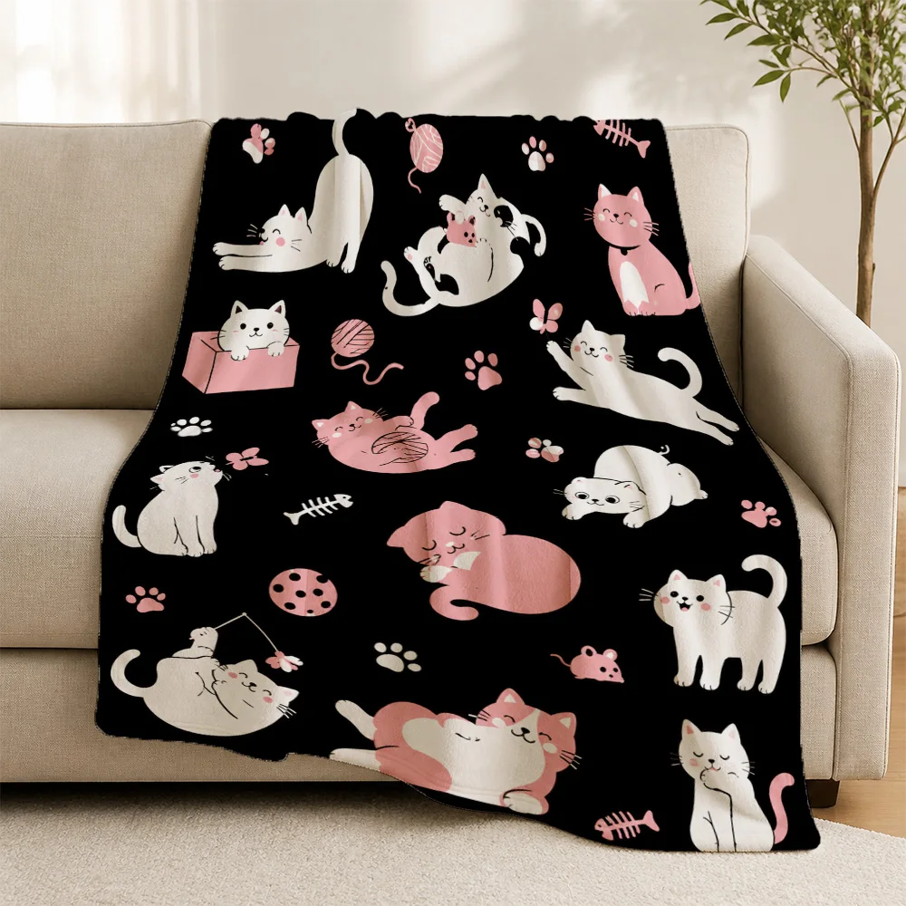 Cute Cat Print Throw Blanket Sofa Decor Nap Mat Cozy Pet Lover Gift for Couch Home Furniture