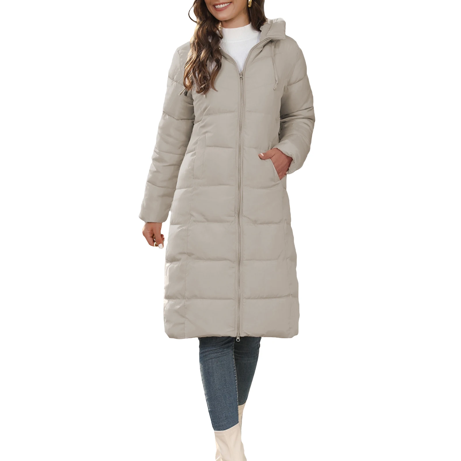 Women's Long Puffer Jacket Winter Warm Quilted Coat Long Sleeve Zip Up Outwear with Hood