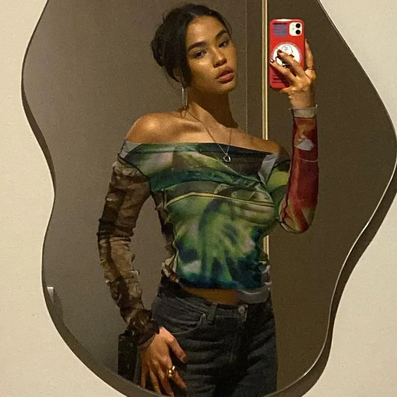Women's Off Shoulder Long Sleeve Mesh Top Abstract Water Drop Print Sheer Fitted T-Shirt Streetwear Summer