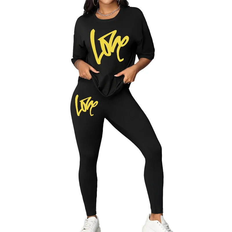 

ensemble 2piece femme Y2K Summer yellow letter-print loose casual T-shirt trousers workout two-piece set pant sets