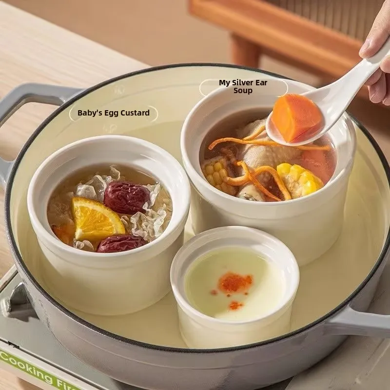 

New round Ceramic Specialty Bowl for Steamed Egg Soup Small Swallow's Nest Egg Pudding Water Separation Home Use Pottery Jar