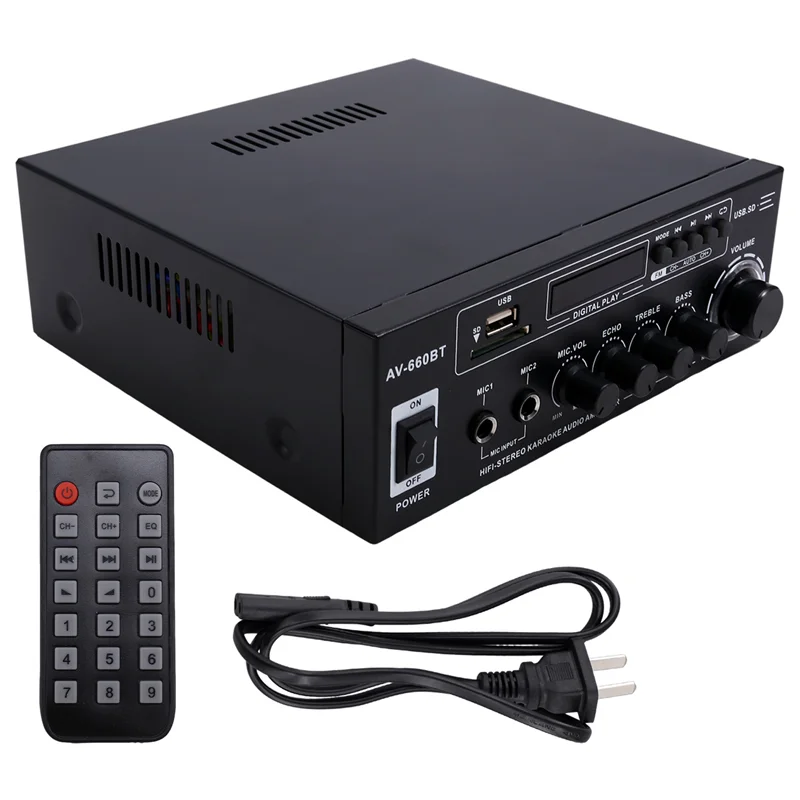 

B16C-AV-660BT Bluetooth Sound Amplifier Power Amplifier Support Bluetooth, FM Radio, USB, SD Card & Dual Mic Inputs US PLUG