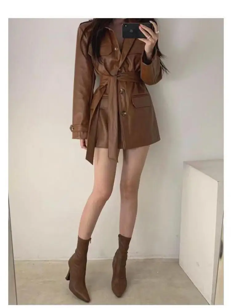 

Vintage New Autumn Winter Black Pu Leather Single Breasted Coat Women Brown Bandage Jacket Casual Streetwear Fashion Ladies Chic