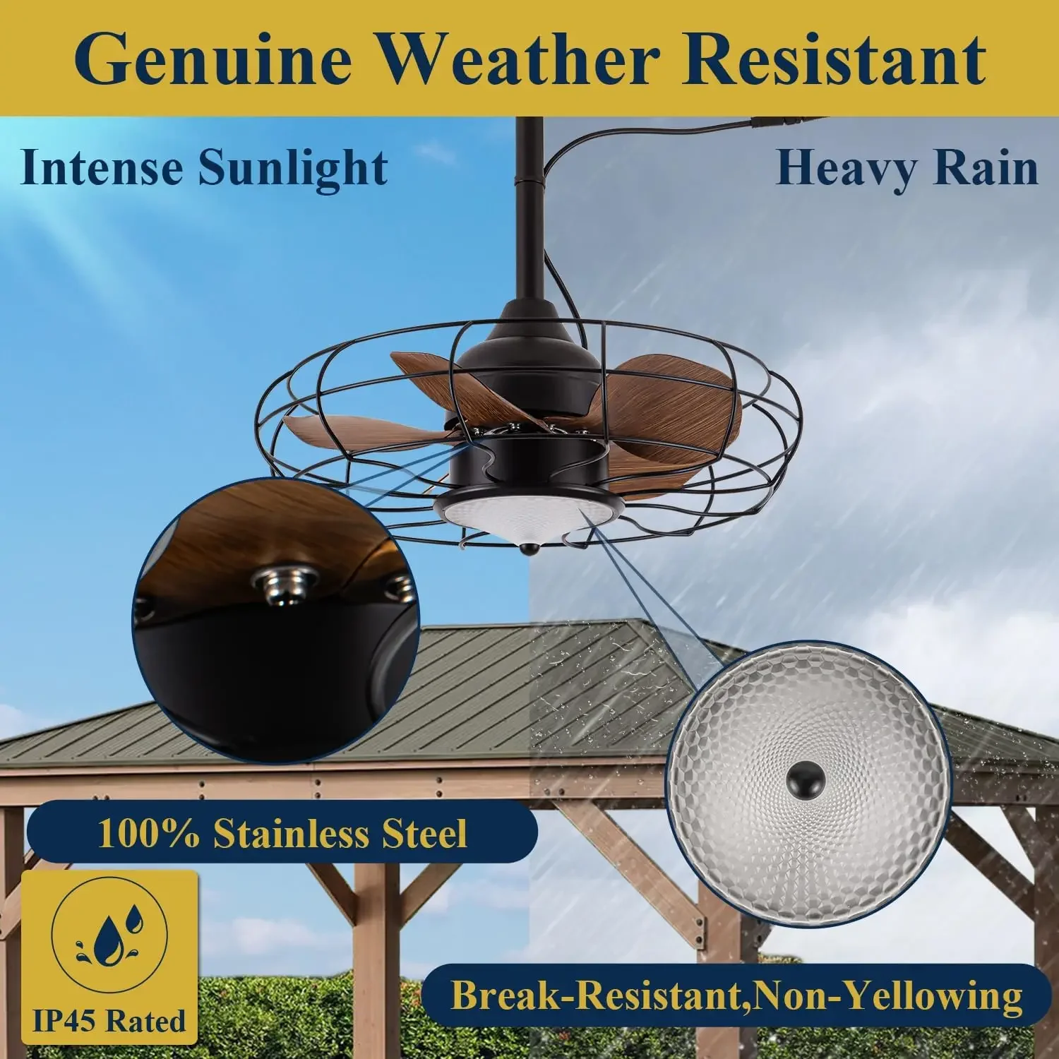 Outdoor Ceiling Fans with Light, 20'' Wet Rated IP65 Gazebo Fan, Larger Coverage, 2024 Updated Plug-in and Waterproof fo