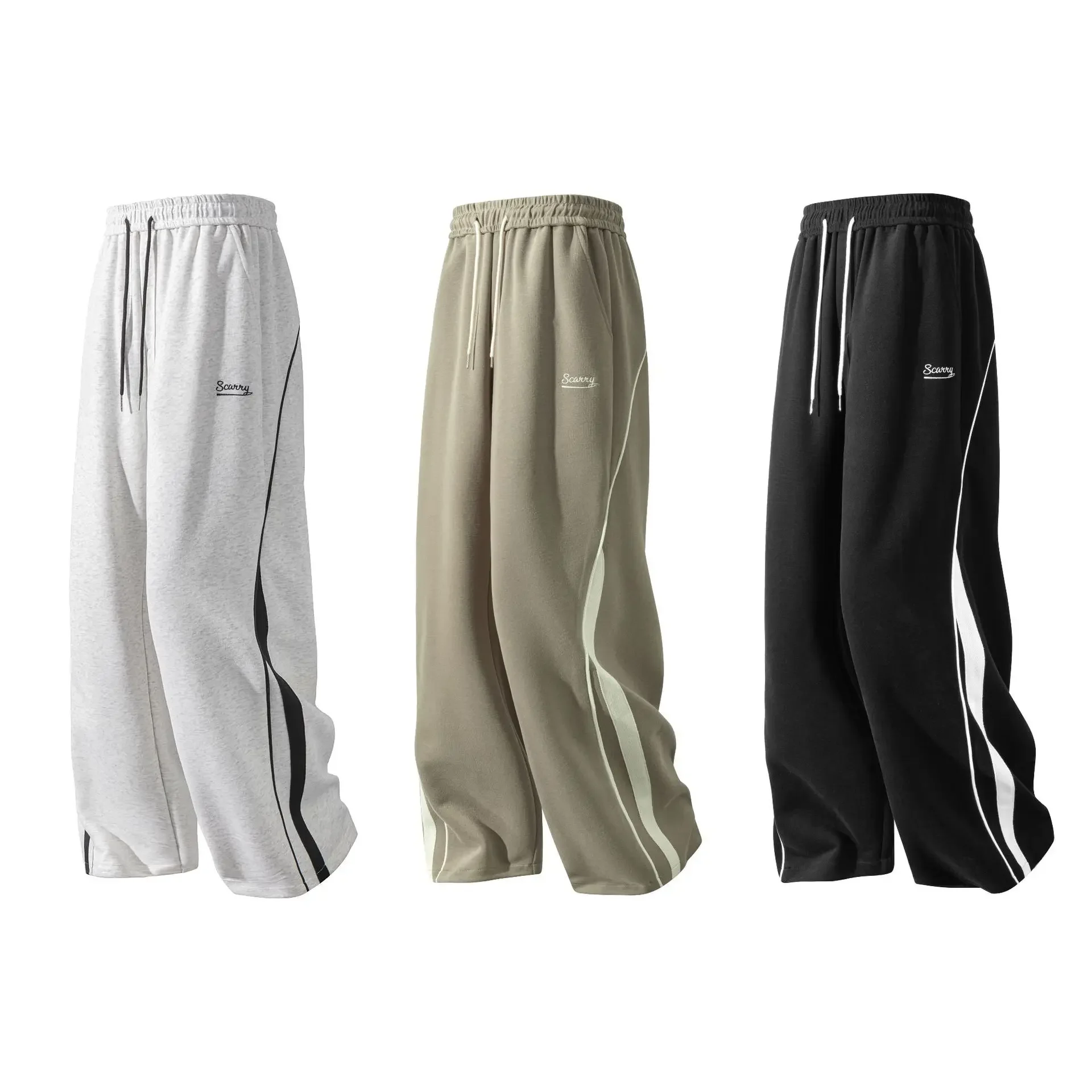 

Men Sweatpants Long Pants Wide Leg Pant Drawstring Lace Up Elastic Waist Casual Loose Splice Straight Trousers Autumn Winter New