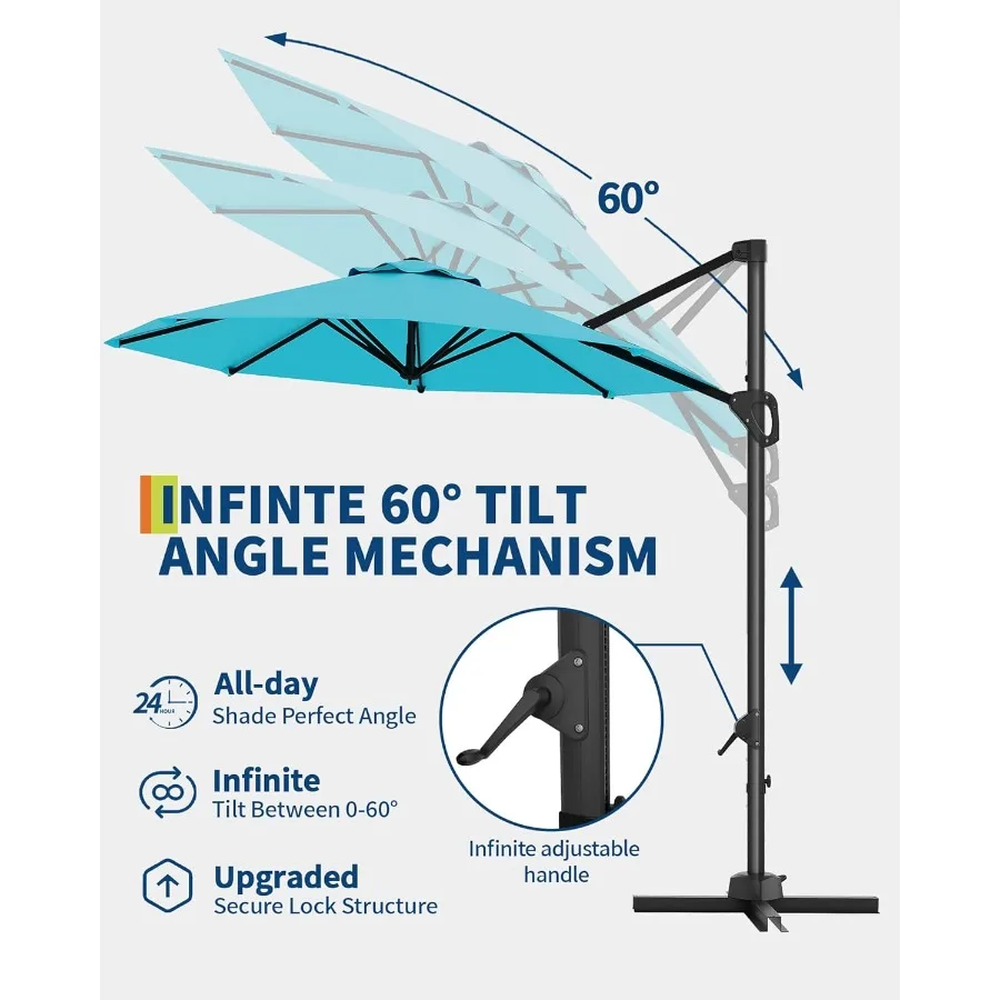 10フィート片持ち式パラソル、屋外パティオ用、頑丈なベース付き、ガーデンデッキ、プール、日よけ、防風設計