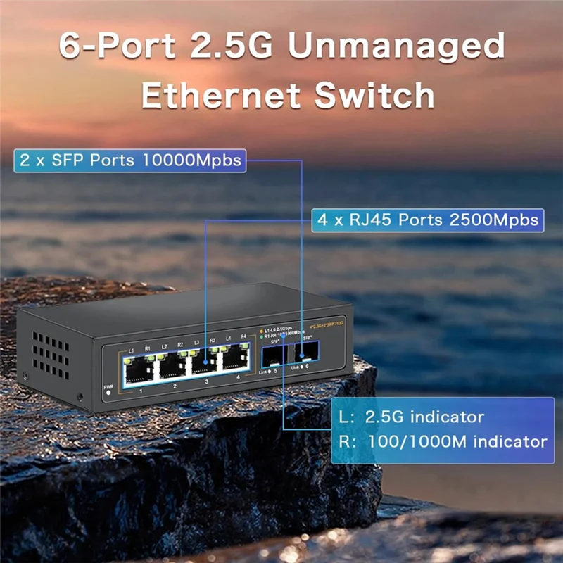 Novo-switch ethernet não gerenciado 2.5g com 4 portas base-t 2.5g e 2 portas de ligação ascendente sfp 10g, para 100/1000/2500mbps eua plug