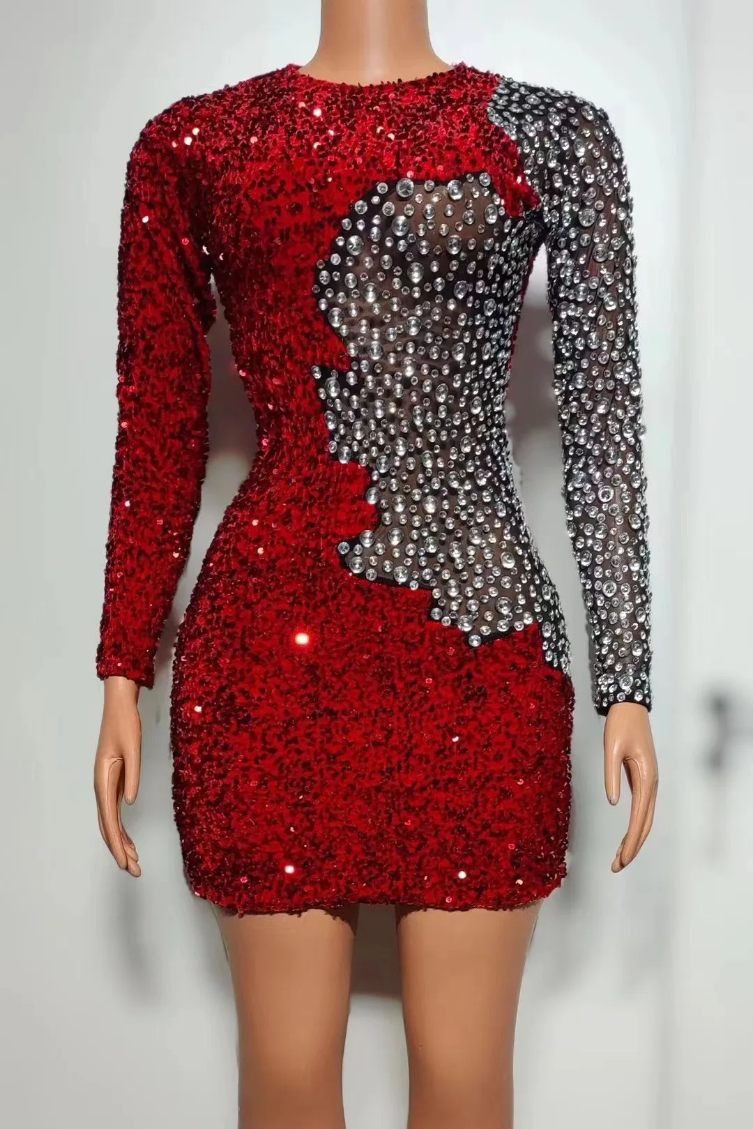 

Sparkly Red Rhinestone Short Dress For Women Long Sleeve Birthday Elegant Queen Night Party Singer Costume Evening Wedding Wear