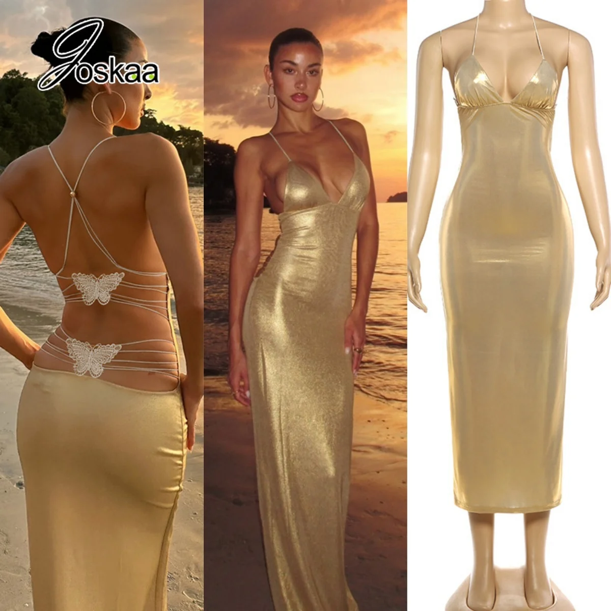 

Yomesugar сексуальное пляжное платье с открытой спиной и вышивкой бабочки, женское шелковистое облегающее платье макси без рукавов с v-образным вырезом, Клубная одежда для отпуска