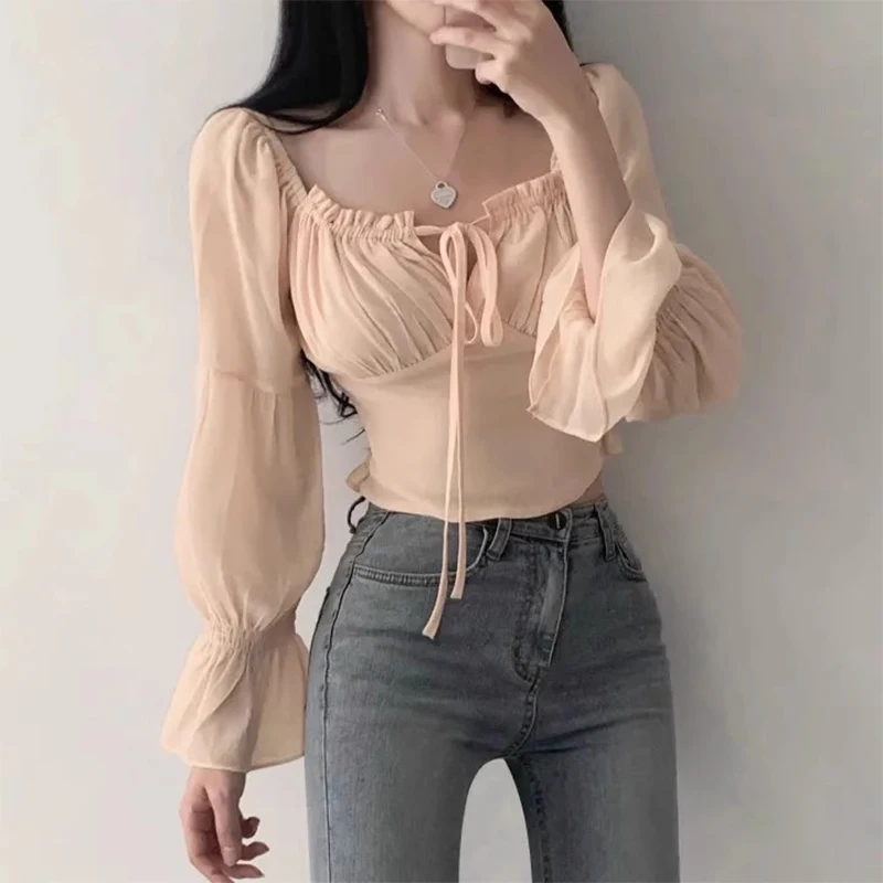 KUSAHIKI Korean Chic Spring Fashion Lace Up Off Shoulder Shirt Women\'s Slim Fit Flare Sleeve Short Top 2024 New Blusas De Mujer