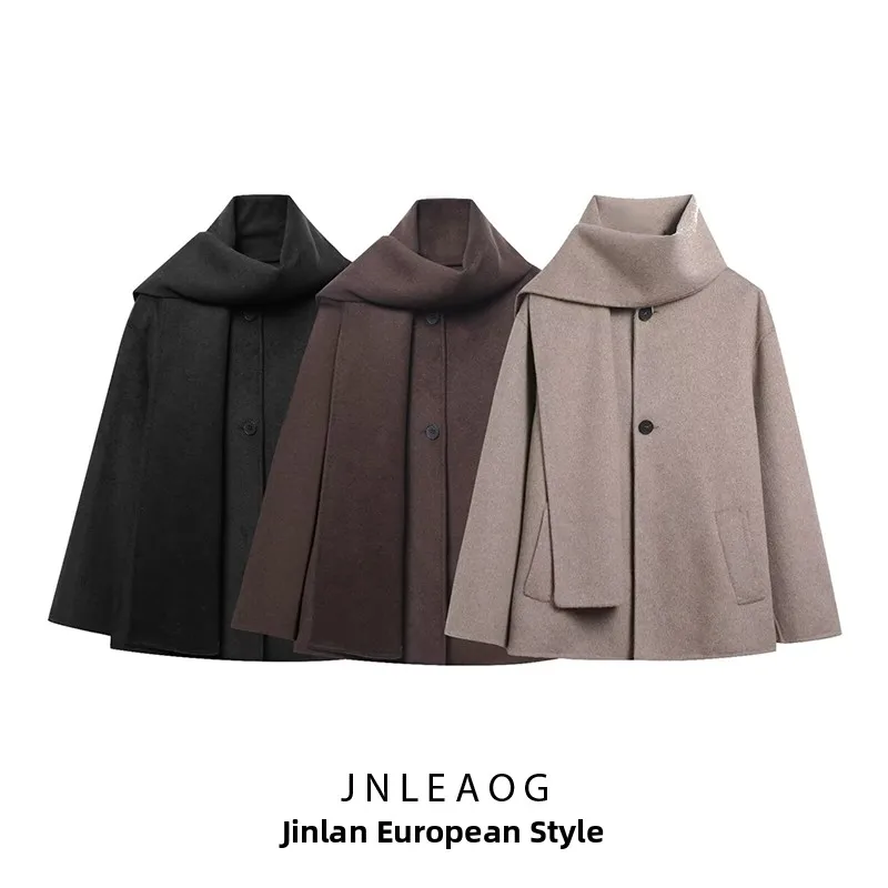 

JNLEAOG Faionable Wool Blend Scarf ort Coat Jaet Women's Street Sle Autumn New Arrival Polyester Fiber Long Sve