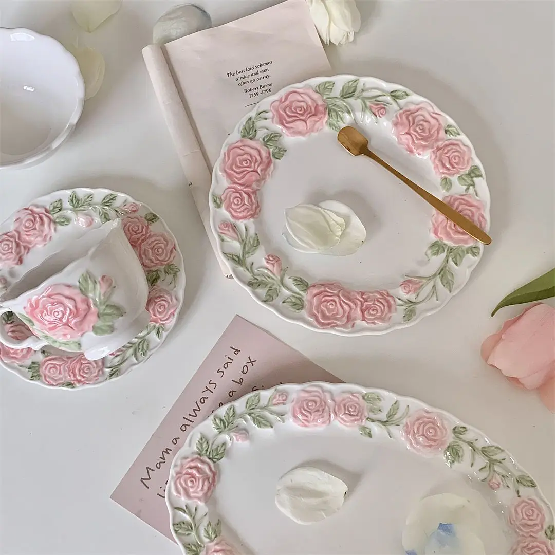 European Three-dimensional Relief Hand-colored Rose Tableware Set Rice Bowl Pasta Plate Afternoon Tea Coffee Cup and Saucer Set