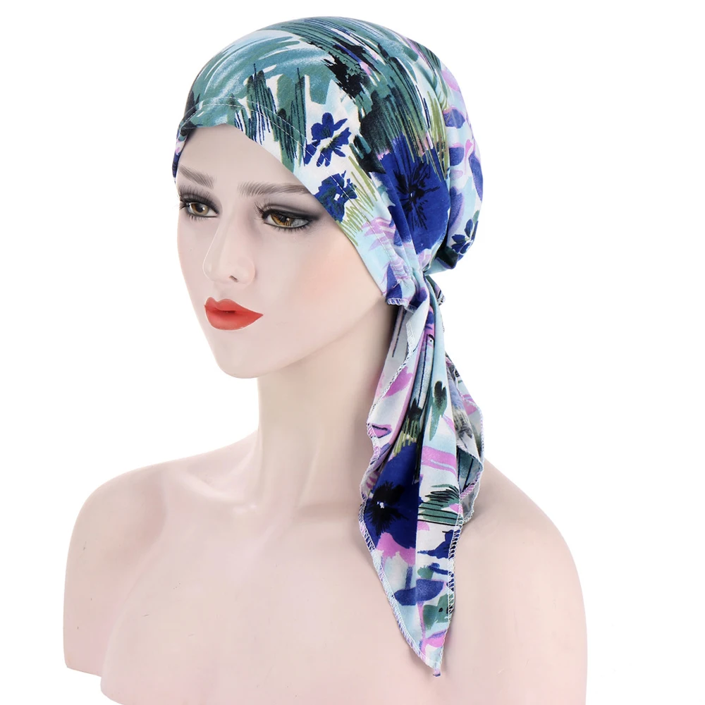 2024 Women Print Pre-Tied Hat Beanie Turban Chemo Cap Bonnet Head Wrap Muslim Hijab Hair Loss Hat Islam Turban Bandana Headscarf