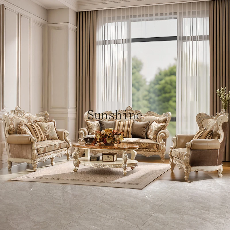 

European fabric solid wood carving flower sofa combination fully furnished luxury villa