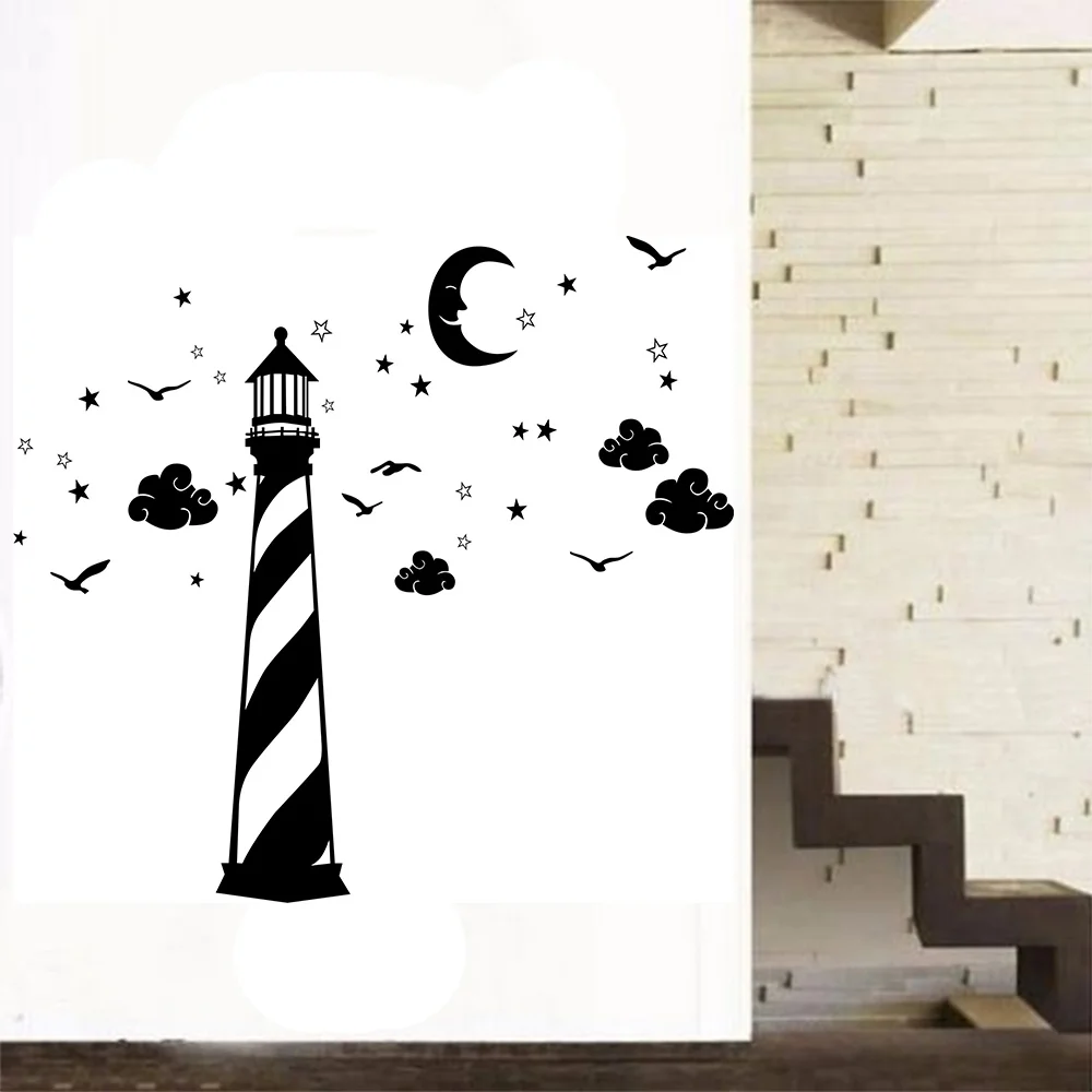 POOMOO Wall Decals Vinyl Wall Decal Lighthouse Moon Stars Clouds Wall Sticker Childrens Room Nursery Decor Stickers 250X208cm