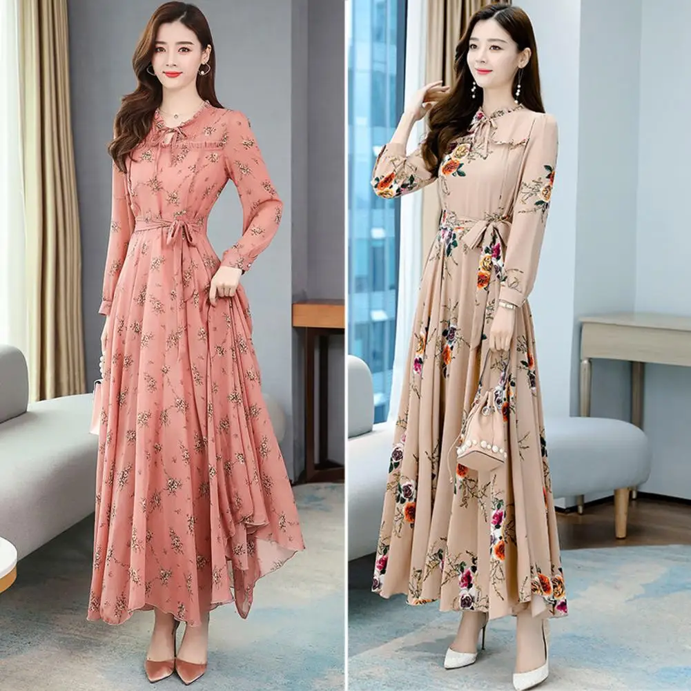 Beautiful Stand Collar Spring Maxi Dress Long Sleeves Ladies Dress Shirring Edge Women Maxi Dress Women Garment