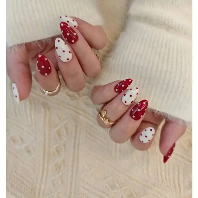 10 قطع من الأظافر المصنوعة يدويًا من اللوز الأحمر، أظافر عيد الميلاد، أظافر منقطة، لطيفة، مستلزمات الأظافر، مناسبة لملابس الحفلات النسائية #2