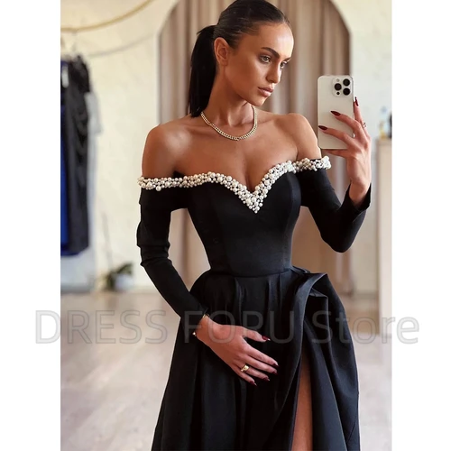 Imagen 2 del producto Vestido de noche de línea a con abertura lateral alta para mujer, cuello en V, hombros descubiertos, mangas largas, perlas y abalorios, vestidos personalizados para banquete, Sexy