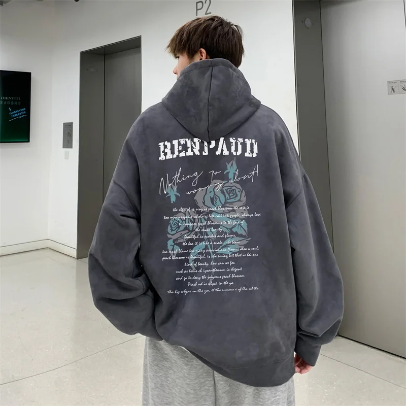 

American Retro Heavyweight Hoodie Men's Spring Autumn New Sle Suede Jaet Trendy Letter Print Top Boy Casual Loose Fit