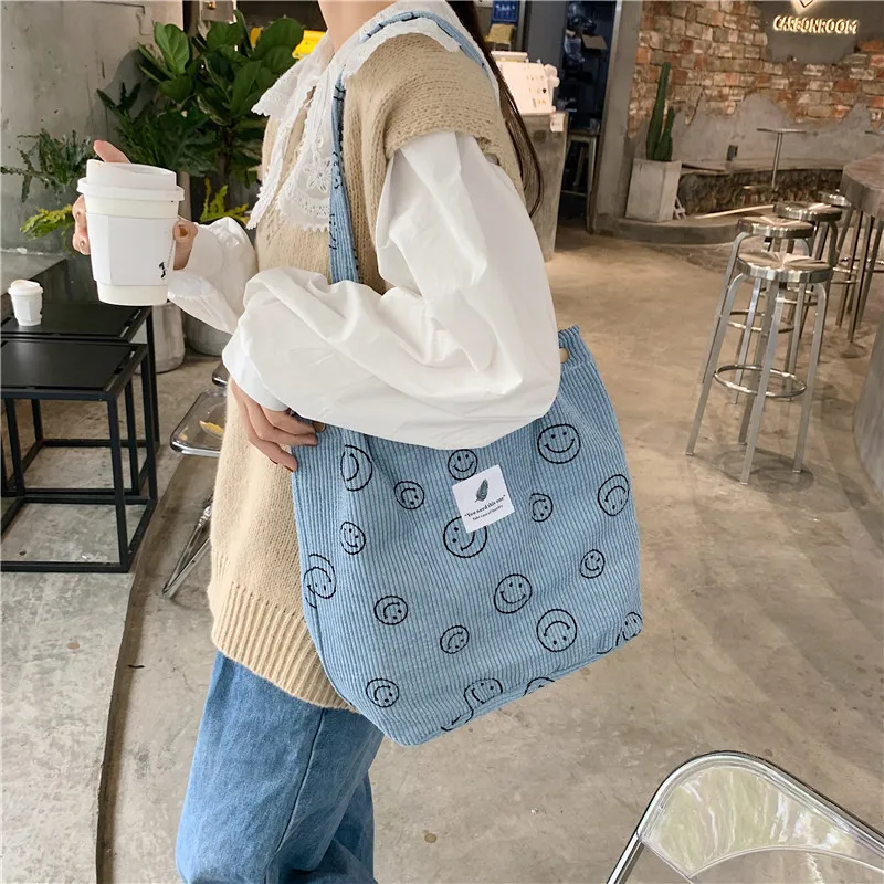 

Retro Corduroy Canvas Shoulder Bag Women Casual Handbags Smile Print Cloth Tote Bags Reusable Foldable Shopping Travel Book Bag