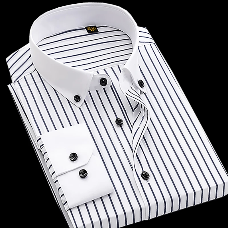 

Роскошная мужская рубашка из чистого хлопка с длинным рукавом, 100% хлопок, в полоску, с гетерохромным воротником, не мнущаяся, приталенная, высококачественная, легкая
