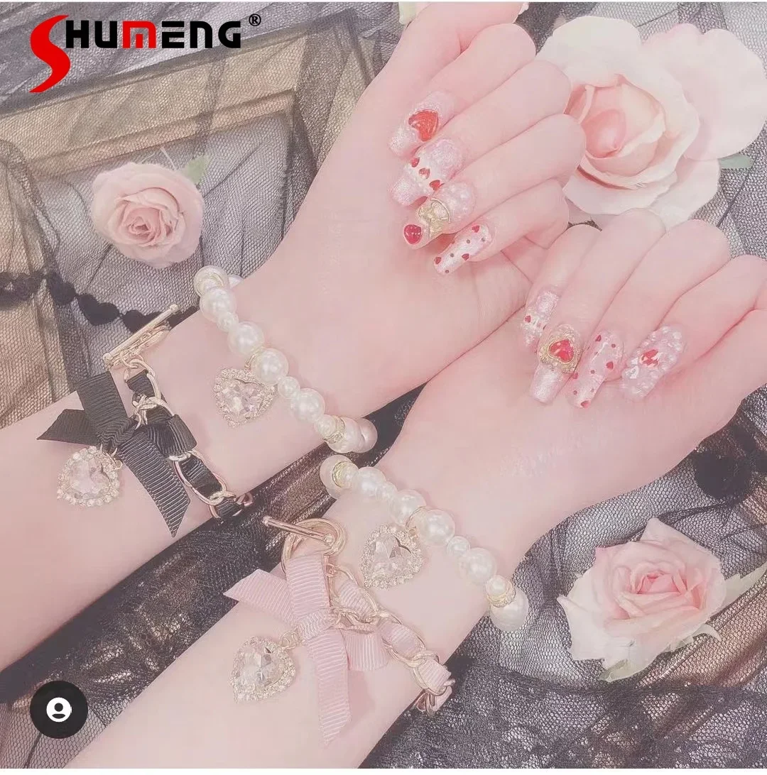 Japanese Lolita Sytle Women Accessories Sweet Ladies Mine Love Heart Bow Tie Rhinestone Pendant Cute Girl Two-Piece Bracelet