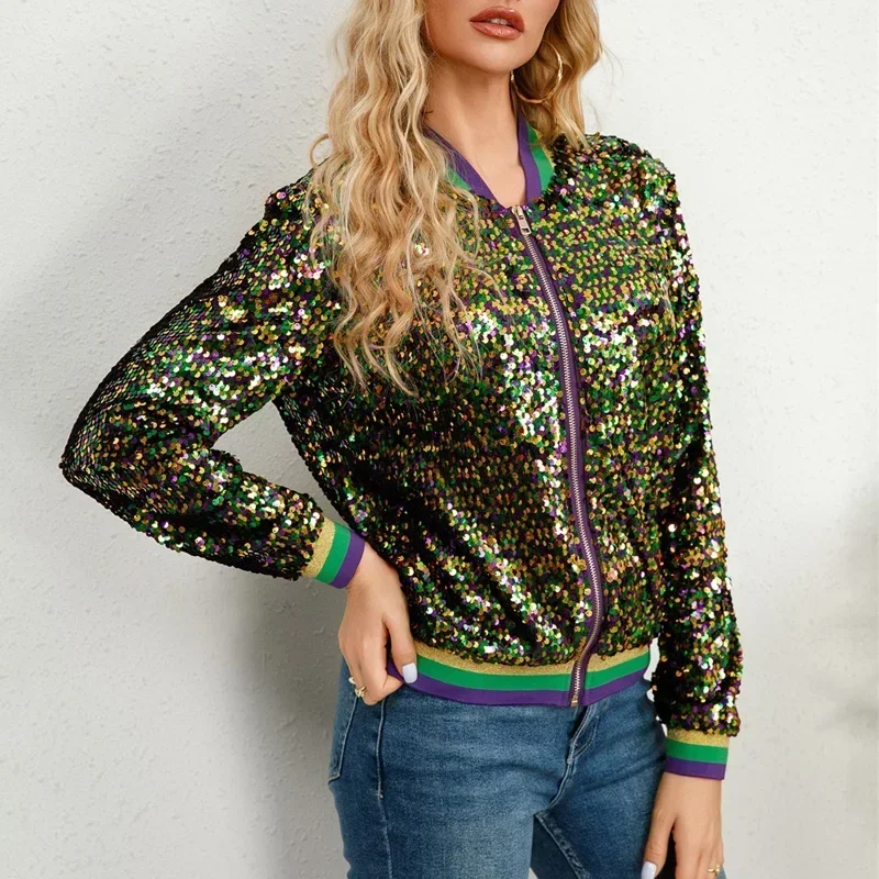 Women Sequin Jacket  New Elegant Casual Loose Coat Shiny Baseball Jacket Outwear Tops