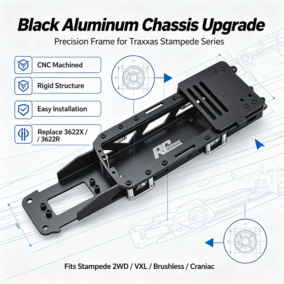 Aluminum Chassis Upgrade Frame for Traxxas Stampede 2WD Brushless VXL Craniac RC Car Replace Plastic Chassis 3622X 3622R Parts