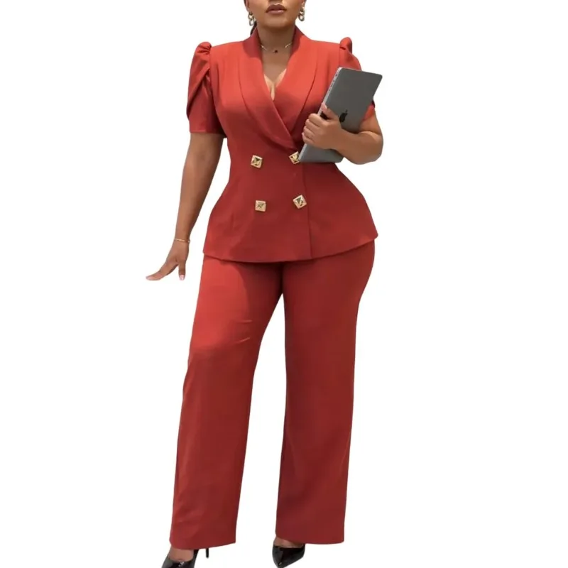 

Short Sleeve V-Neck Jacket Coat and Straight-leg Pants 2 Pieces Set for Woman Elegant Office Blazer Suits Female Outfit