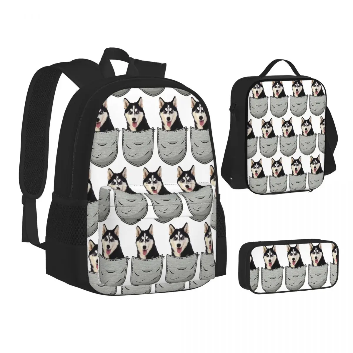

Pocket Siberian Husky Backpacks Boys Girls Bookbag School Bags Kids Rucksack Lunch Bag Pen Bag Three-Piece Set