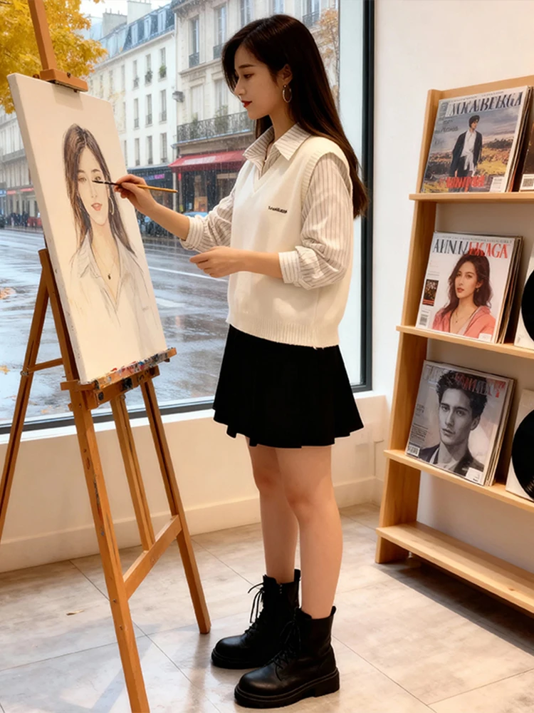 Ele suéter de malha falso de duas peças feminino sle preguiçoso simples emagrecimento topo commute faion mid-Thi longo sve v-ne