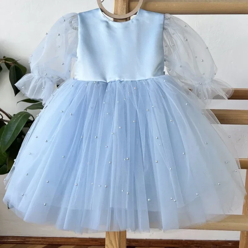 Birthday Party Holy Communion Gowns Flower Girl Dresses Blue Tulle Puffy Pearls With Bow Long Sleeve For Wedding