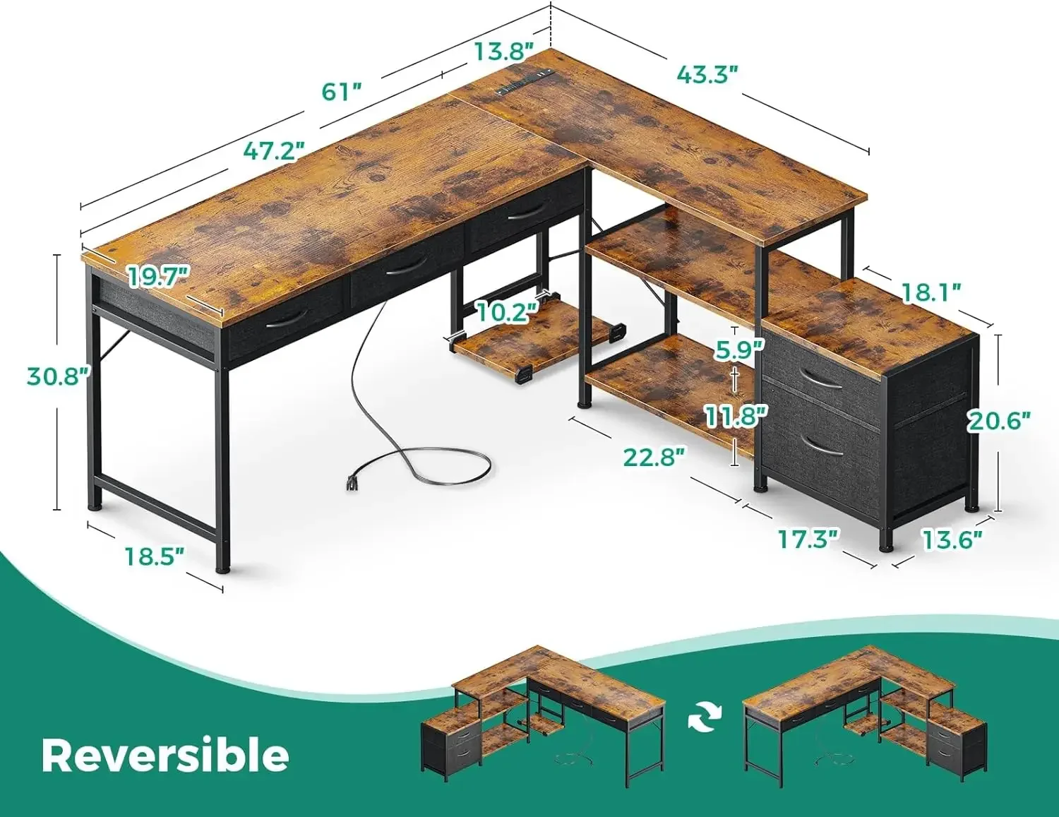 L Shaped Computer Desk with Fabric Drawers and File Cabinet, 61\