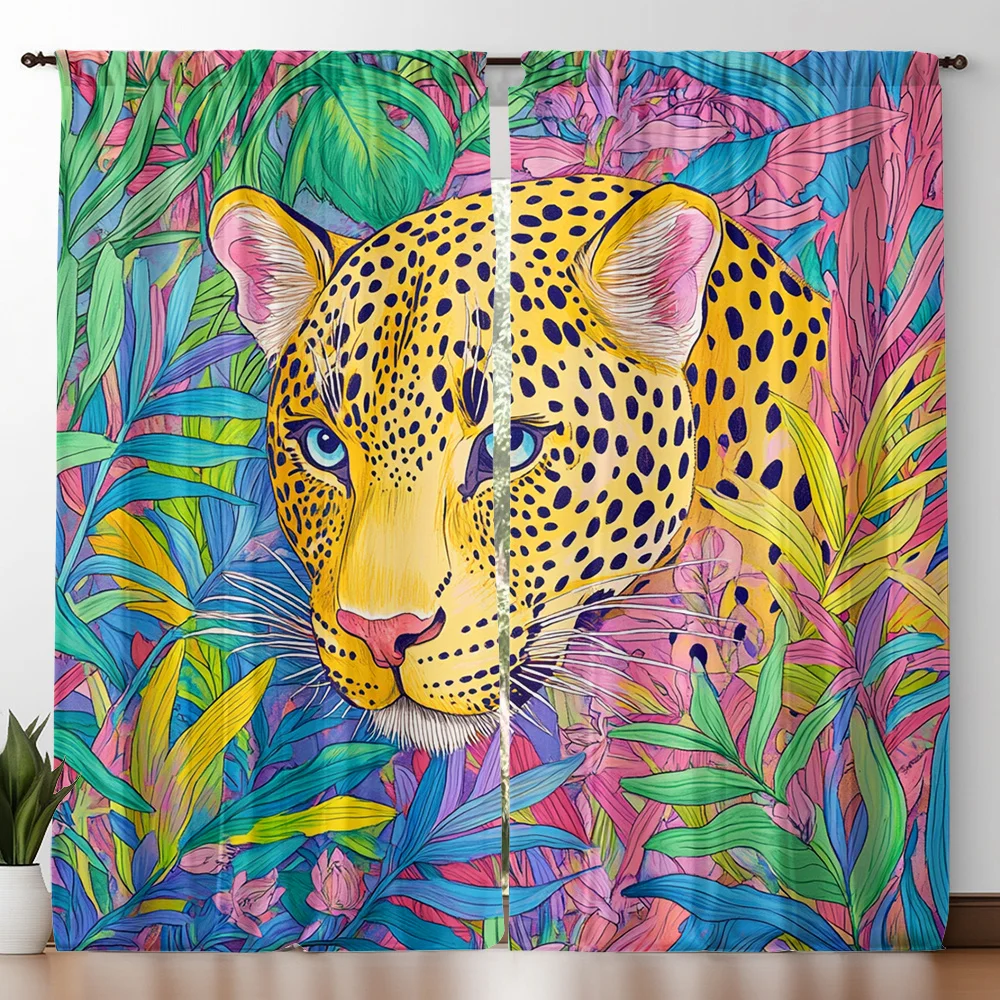 2pcs Tropical Plant Leopard Print Curtains, Modern Art Style with Rod Pocket, Home Decor for Kitchen, Cafe, Living Room, Balcony