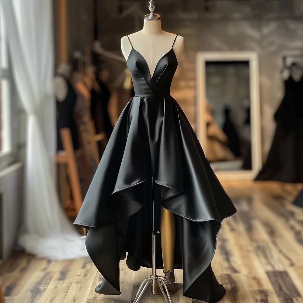 

Black Full Length Lace Up Back Spaghetti Strap Hi-Lo Evening Dress Brithday Party Formal Occasion Skirt Custom Size Color W5-12