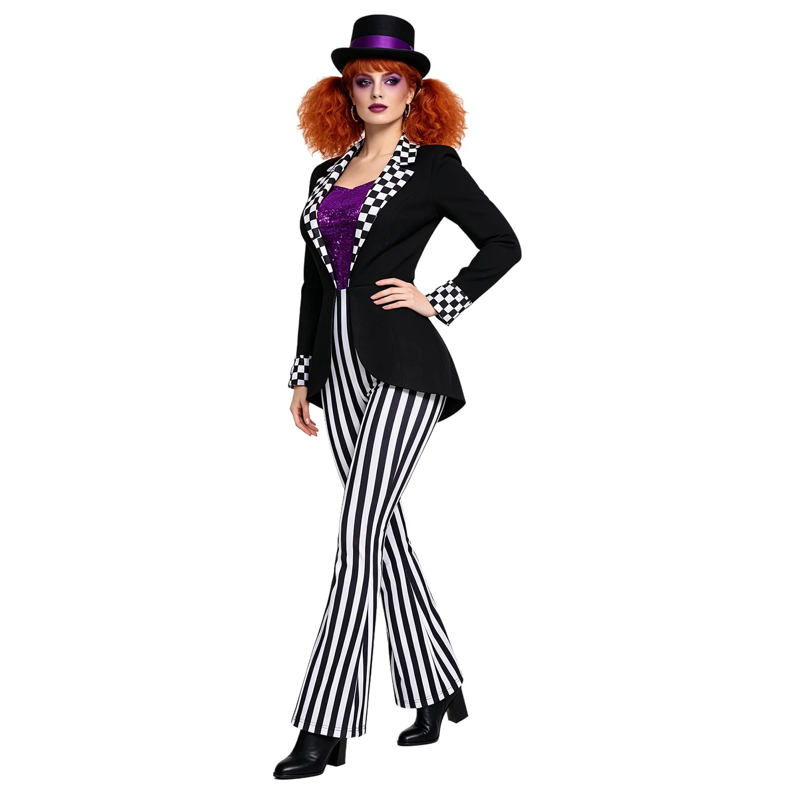 Women Color-blocked Swallowtail Circus Cosplay Jumpsuit Long Flared Sleeves Checkerboard Sequin Striped Bell-bottom Bodysuit