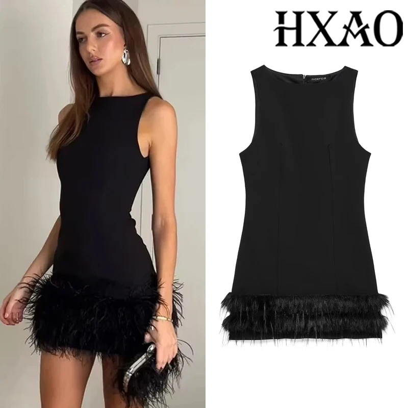 HXAO Elegant Mini Dresses 2024 Women\'s Feather Sleeveless Short Dresses Fashion Casual Party Evening Black Dress Vestidos
