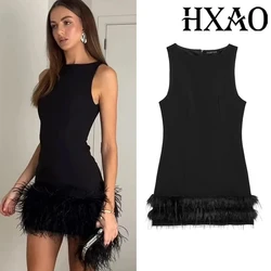 HXAO Elegant Mini Dresses 2024 Women's Feather Sleeveless Short Dresses Fashion Casual Party Evening Black Dress Vestidos