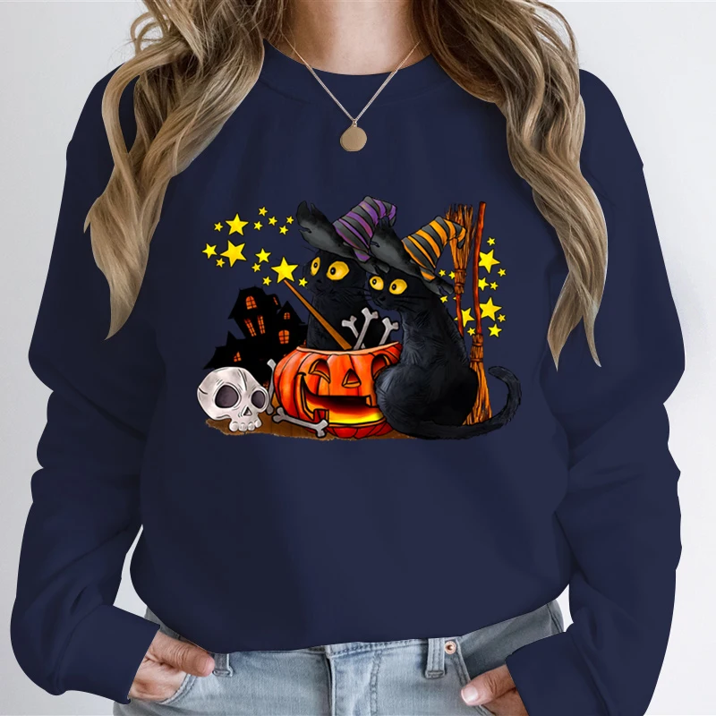 Cat Lover Halloween Ghost felpe donna Skeleton Black Cat Print felpa con cappuccio Skeleton Pumpkin Halloween Ghost Hoodies