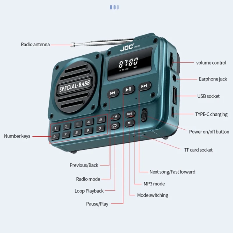 راديو رقمي محمول سمّاعات بلوتوث استقبال راديو FM مع مقبس سماعة أذن يدعم بطاقة USB TF تشغيل MP3 يعمل بالبطارية #4
