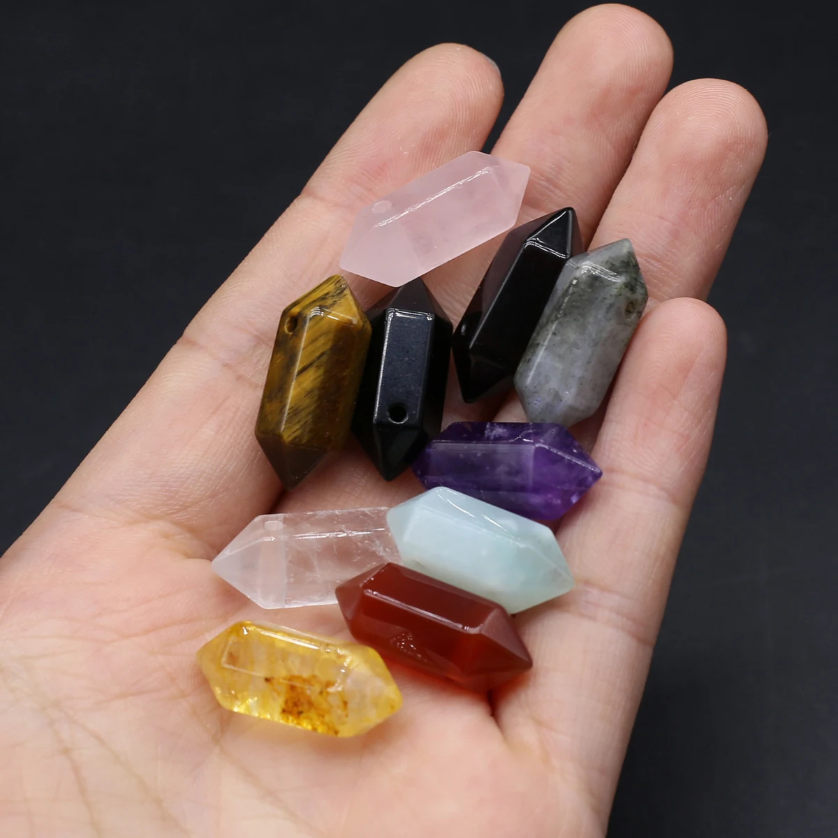 15PCS Reiki Healing Natural Semi precious Stone Hexagonal Column Pendant Jewelry Making DIY Necklace Earrings Accessories Gift