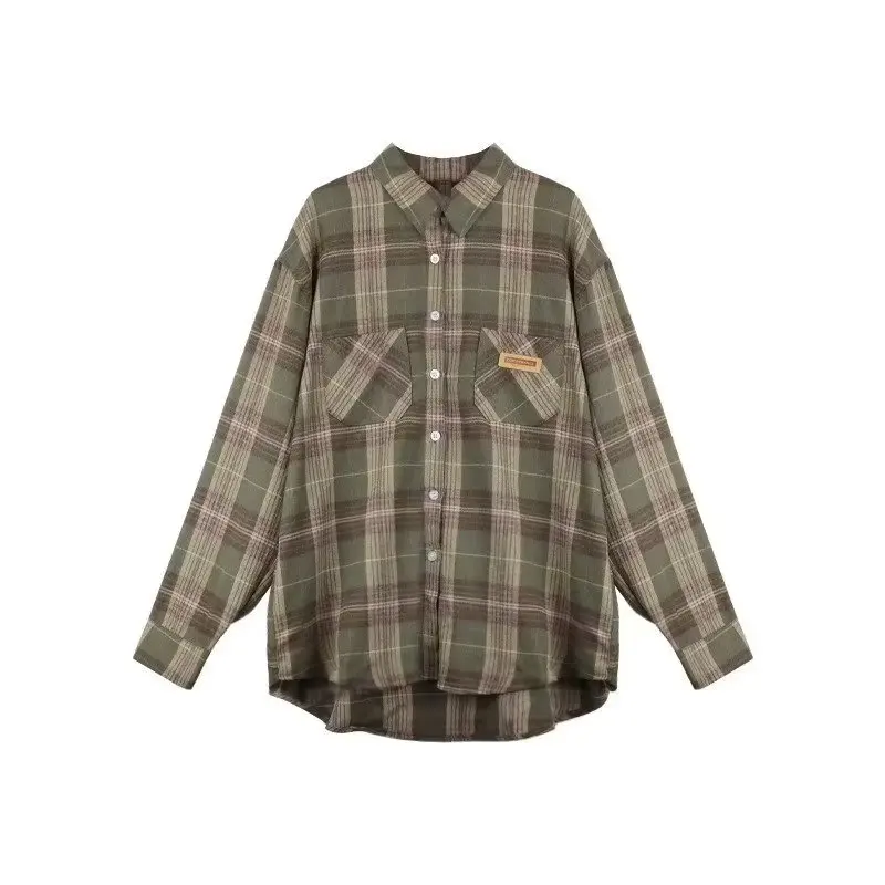 

Y2K Vintage men's social Shirt Streetwear Casual Blouses Plaid Unisex Fashion Clothing Blouses Clothes Harajuku Men All Match